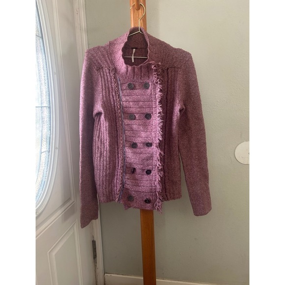 Free People Jackets & Blazers - Cottage-core Fall fringe knit purple pink sweater jacket small